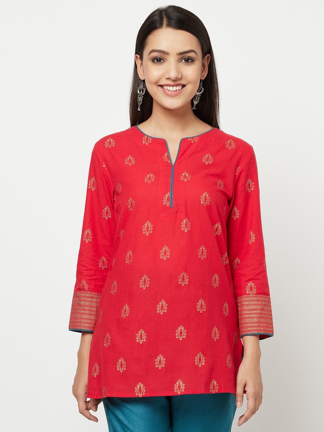 

Fabindia Red & Golden Ethnic Motifs Hand Block Print Pure Cotton Straight Kurti