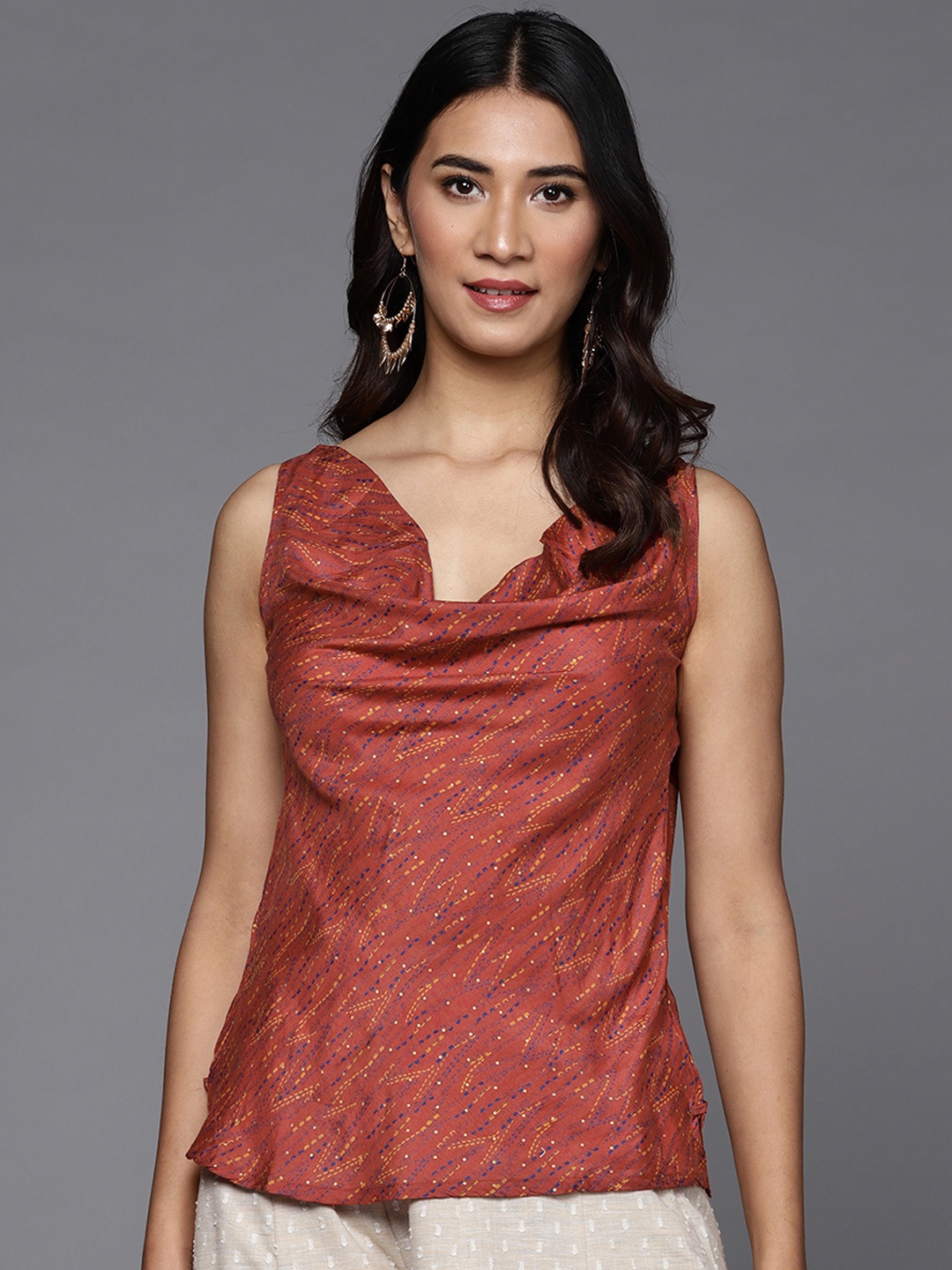 

Fabindia Rust & Blue Printed Cowl Neck Top