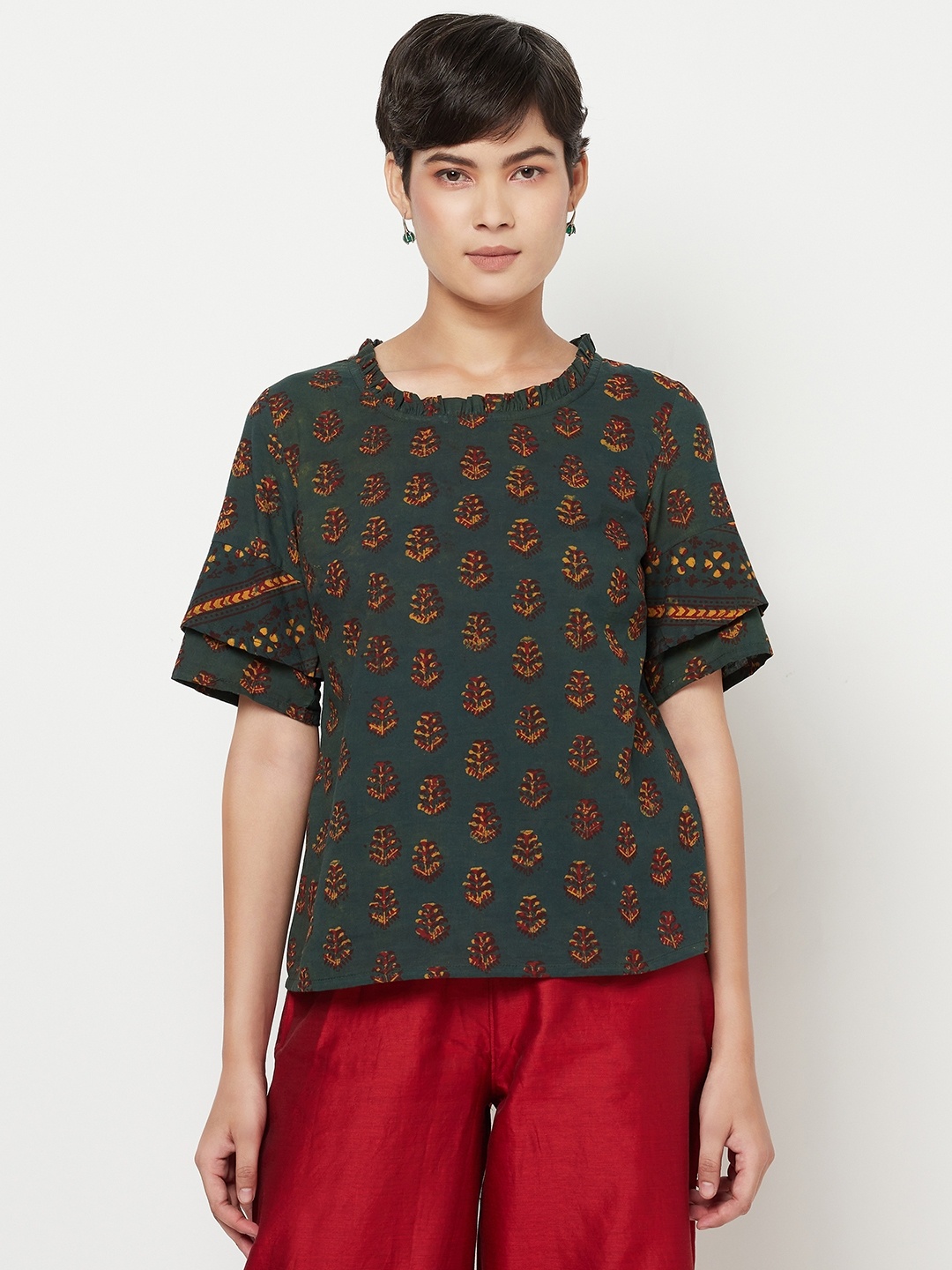 

Fabindia Green & Mustard Yellow Cotton Ruffle Ethnic Hand Block Print Top