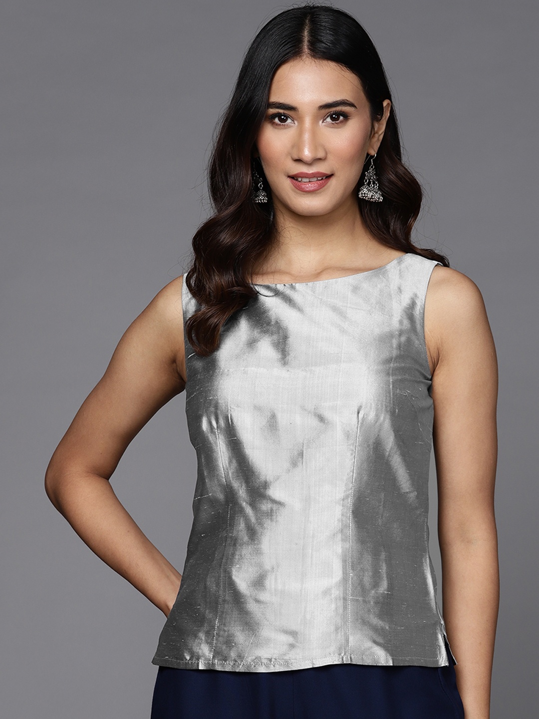 

Fabindia Silver Pure Silk Regular Top