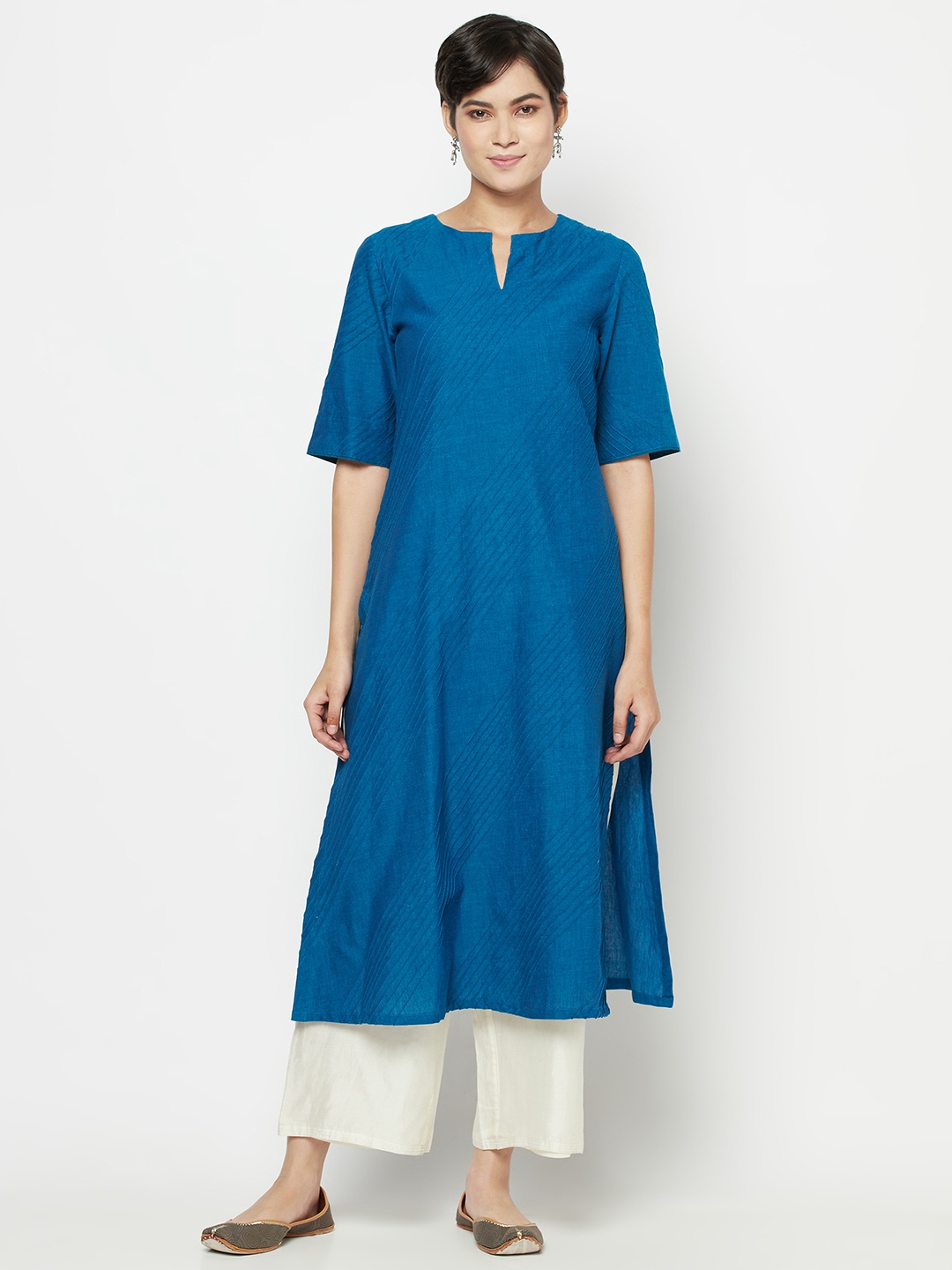 

Fabindia Women Blue Pure Cotton Striped Kurta