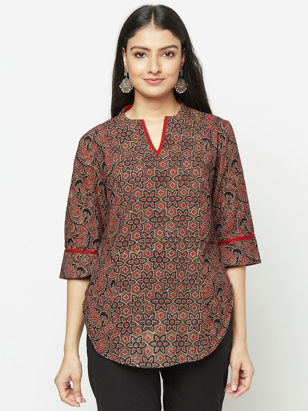 

Fabindia Brown & Rust Red Cotton Ajrakh Hand Block Print Top