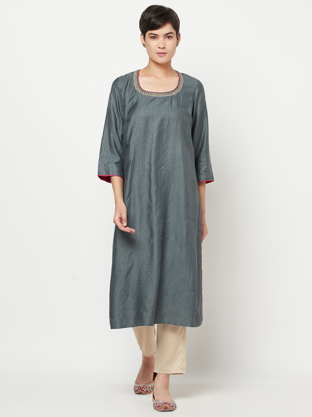 

Fabindia Women Grey Zari Striped Scoop Neck A-Line Kurta