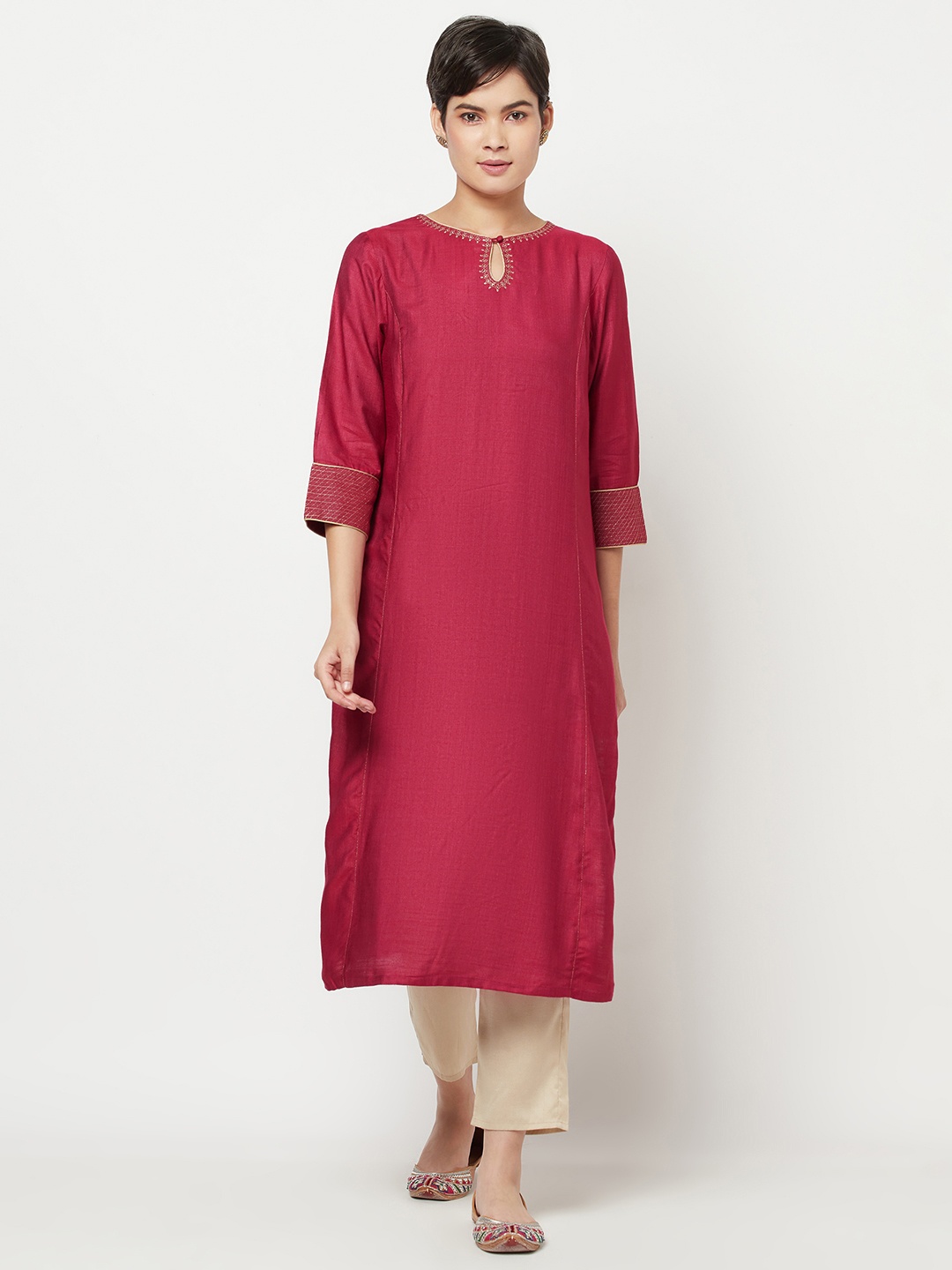 

Fabindia Women Pink Solid Keyhole Neck Thread Work Kurta