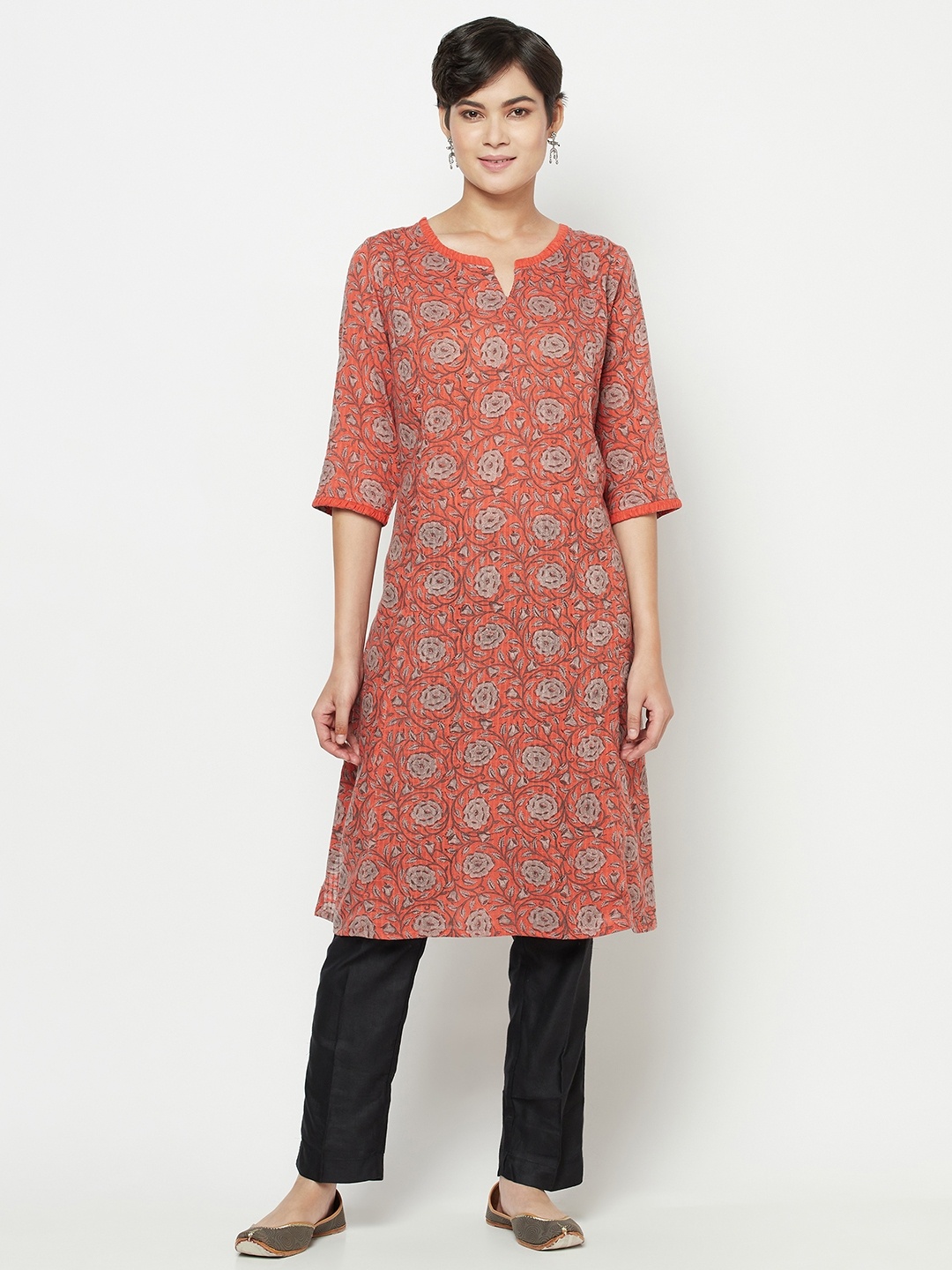 

Fabindia Women Orange & Off White Pure Cotton Ethnic Motifs Printed Dobby Kurta