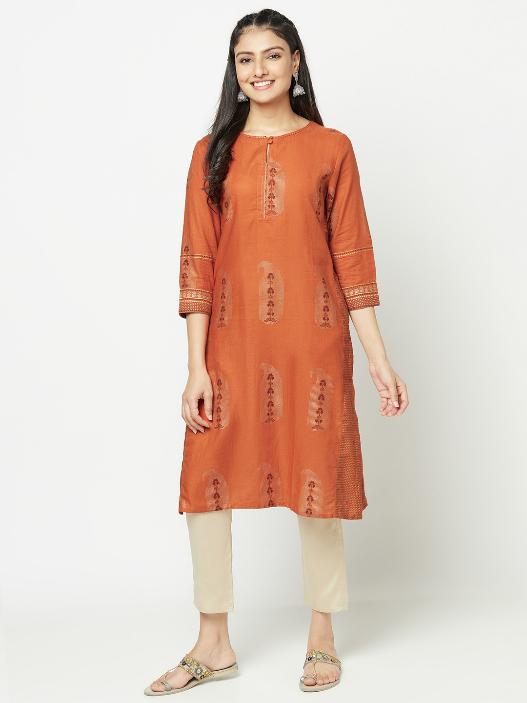 

Fabindia Women Orange & Golden Pure Cotton Ethnic Motifs Printed Kurta
