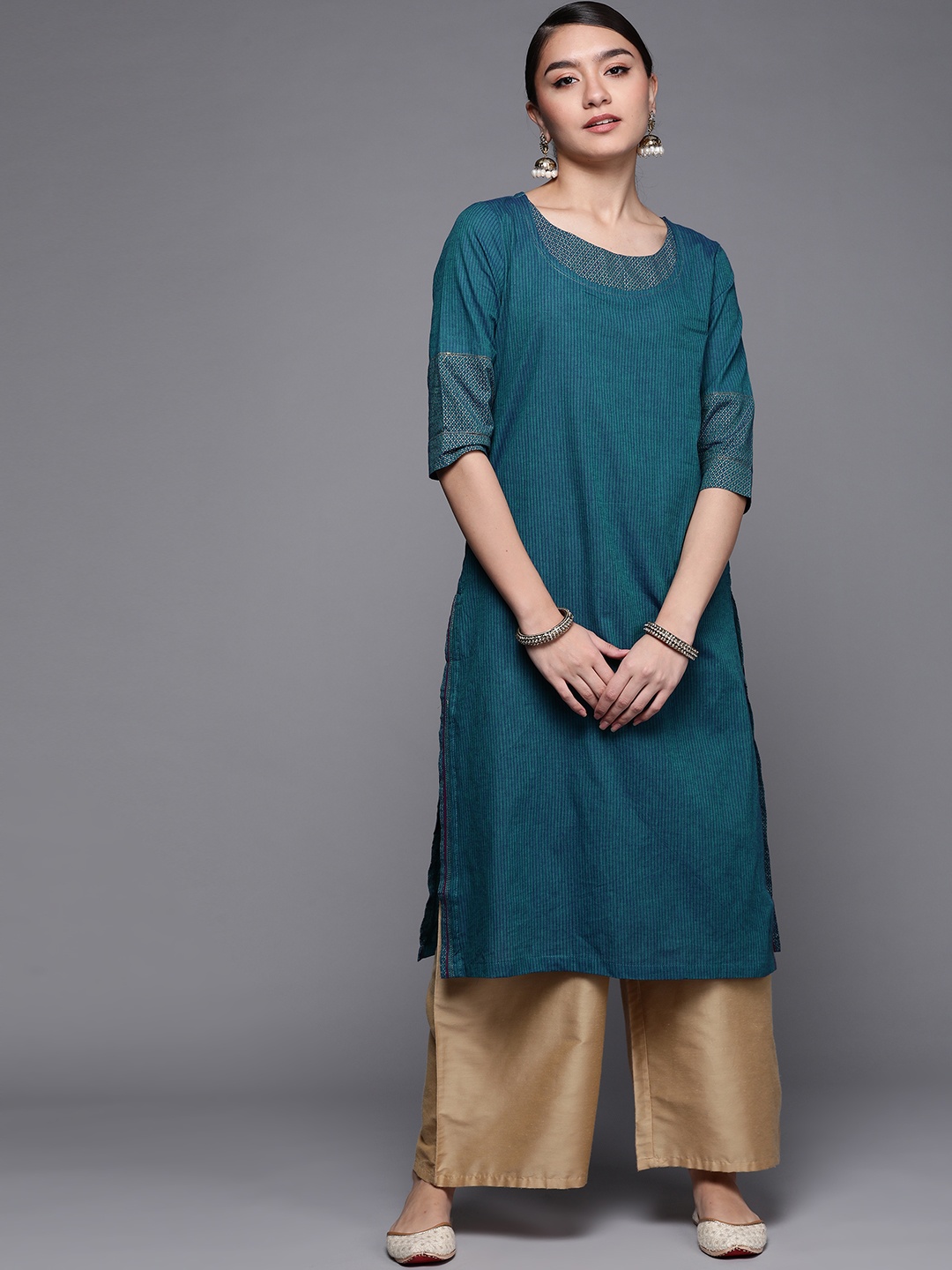 

Fabindia Women Teal Blue Printed Pure Cotton Straight Kurta