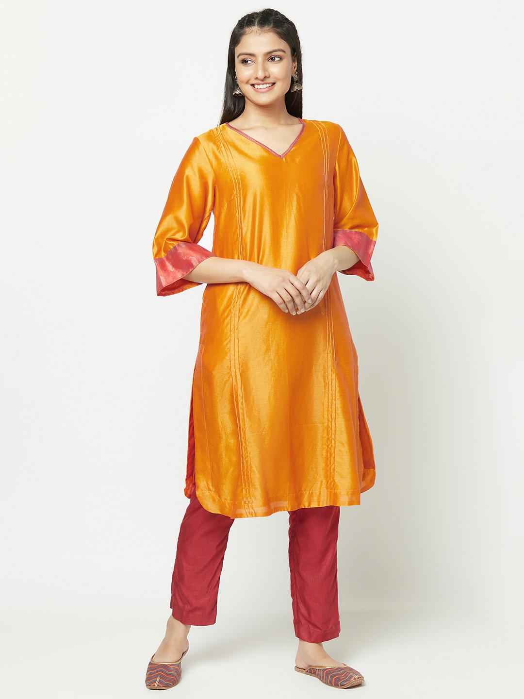 

Fabindia Women Yellow Solid Flared Sleeves Festive Straight Kurta