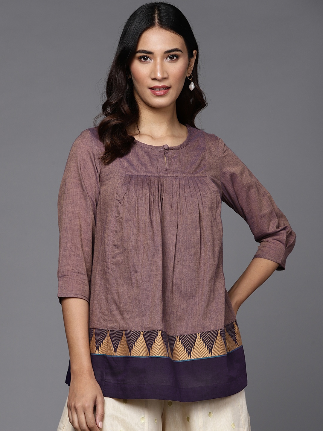 

Fabindia Purple & Beige Dual-Toned Pure Cotton Pleated A-Line Top