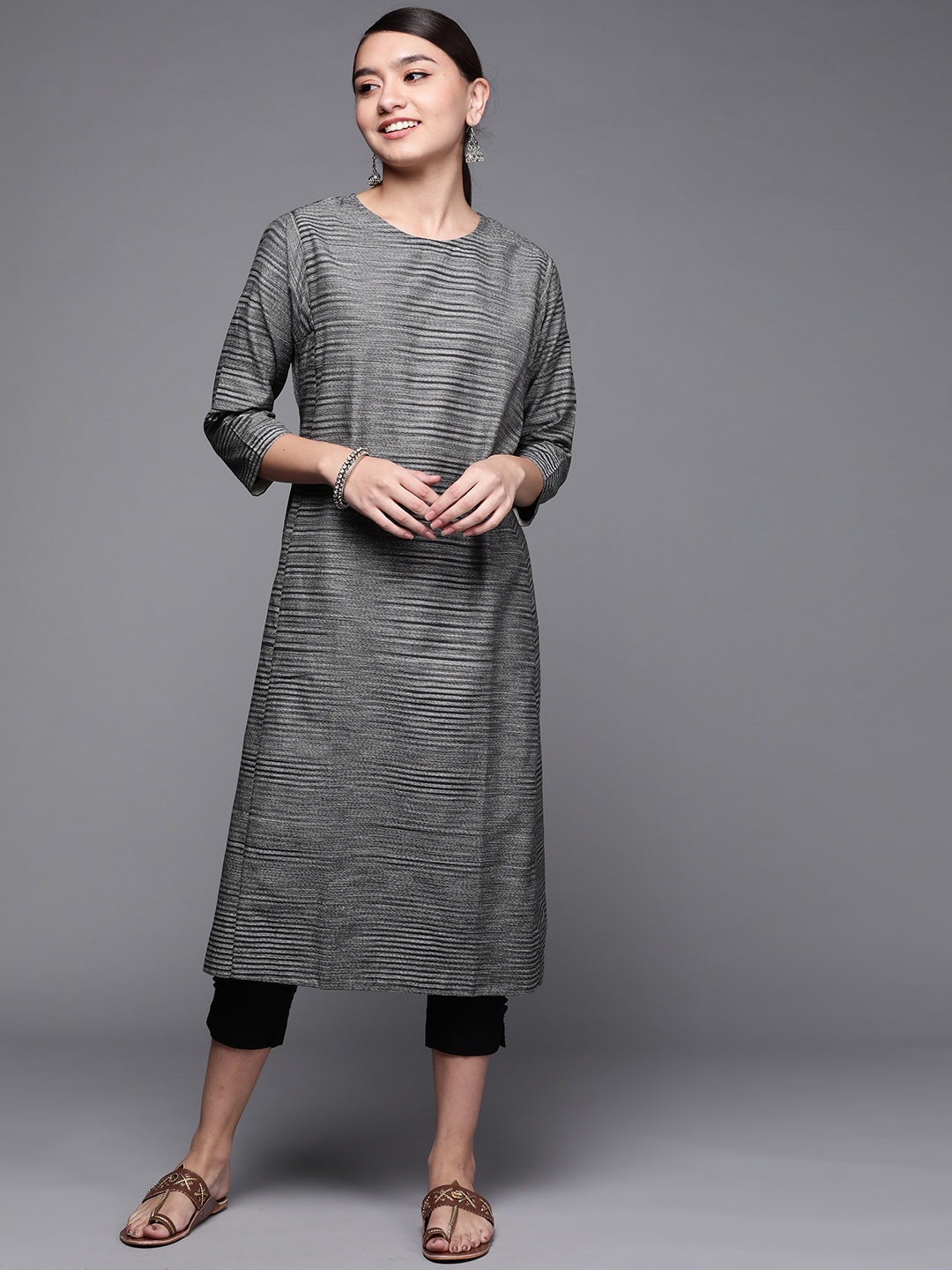 

Fabindia Women Grey & Black Cotton Silk Striped Kurta