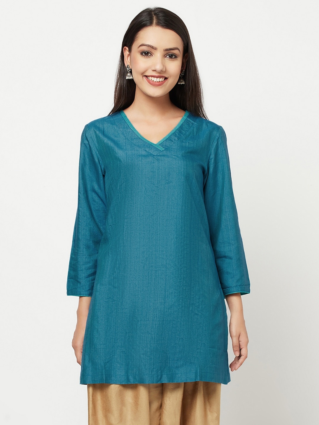 

Fabindia Teal Blue V-Neck Straight Kurti