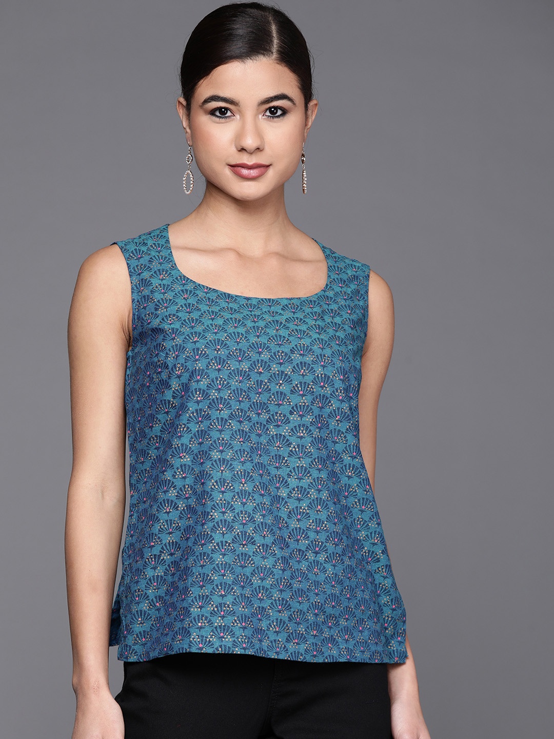 

Fabindia Women Blue & Golden Pure Cotton Hand Block Printed Top