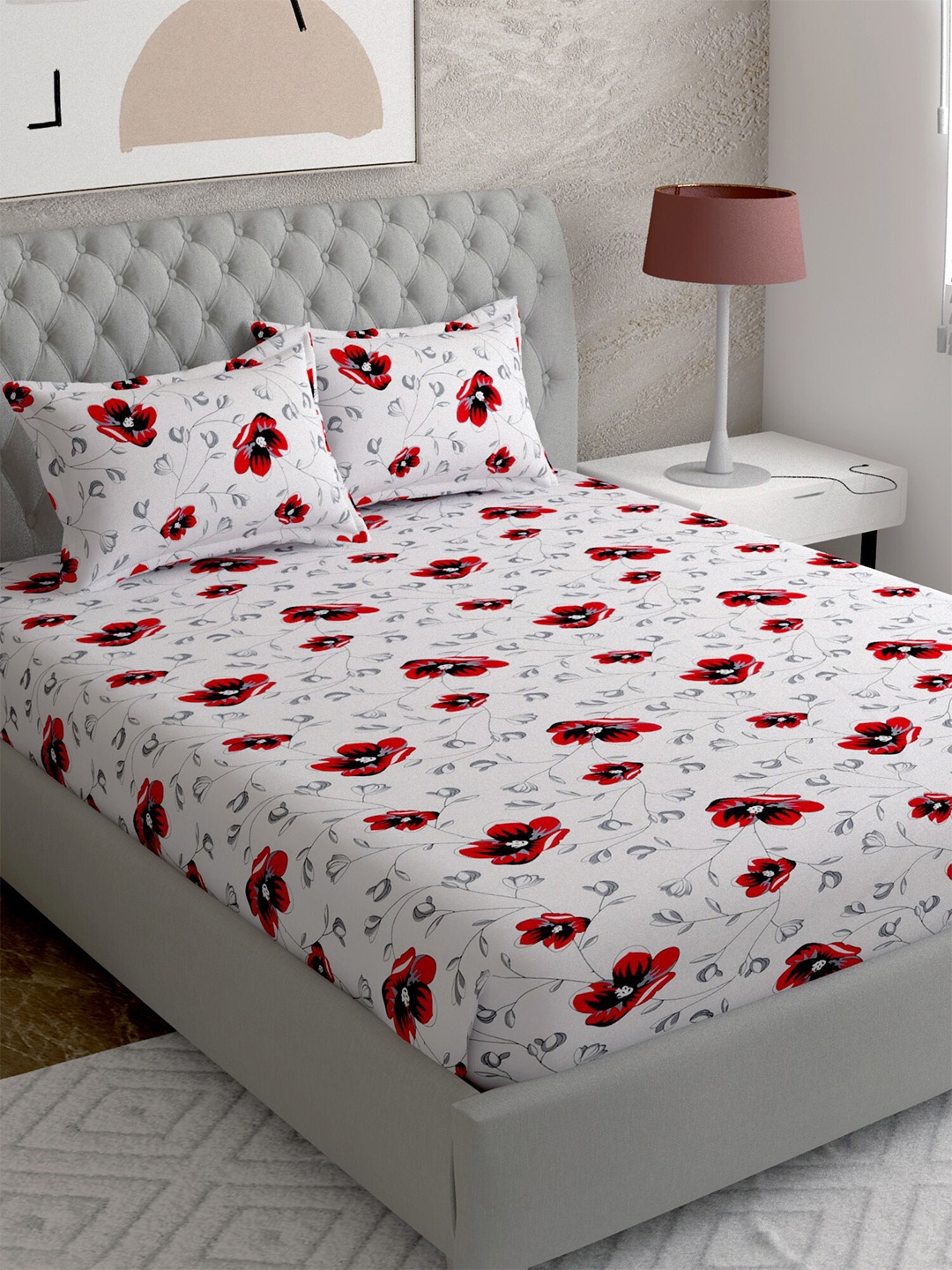 

EverHOME Red & White Floral 144 TC Queen Bedsheet with 2 Pillow Covers