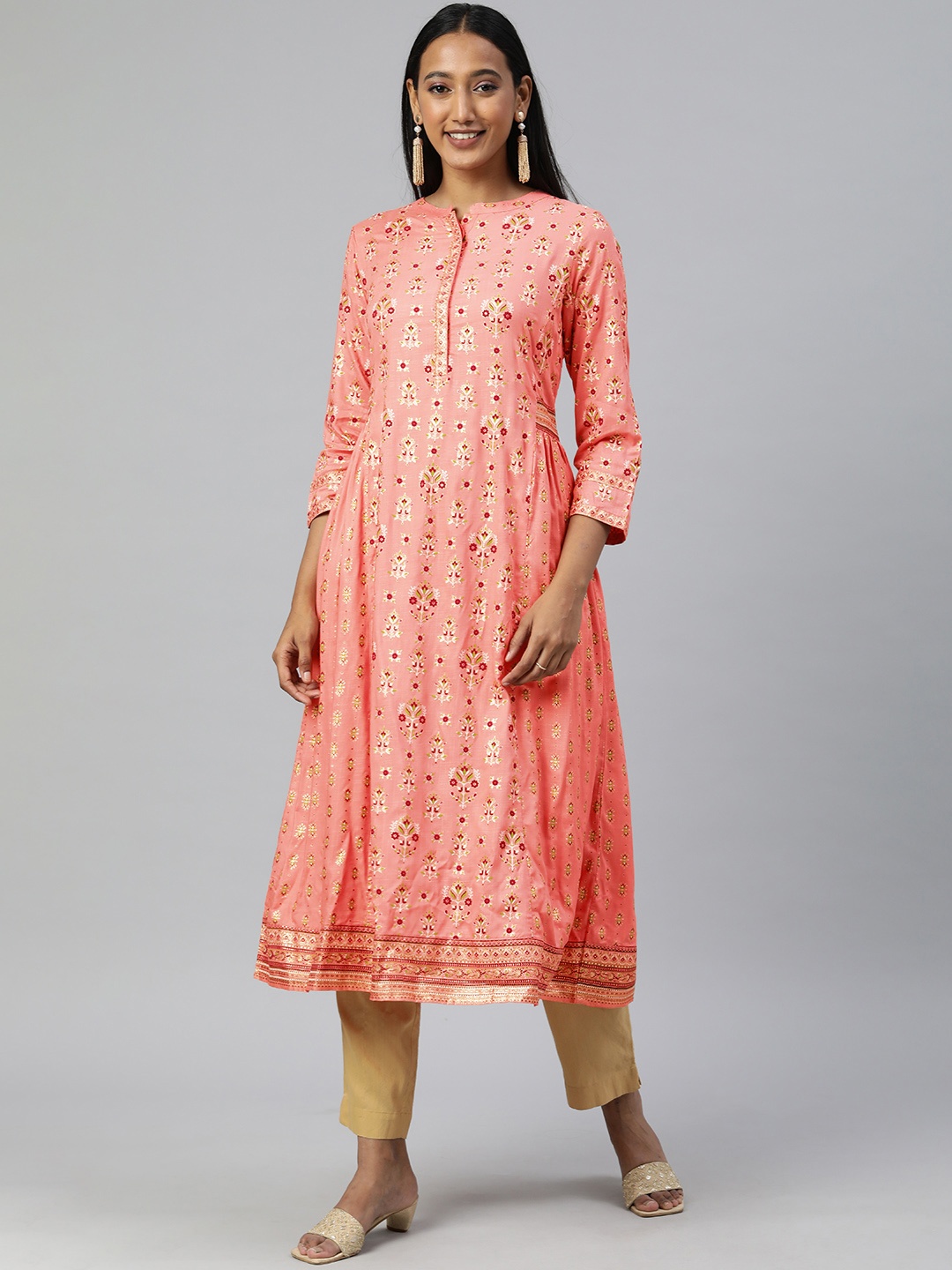 

Global Desi Women Coral Floral Embroidered Thread Work A-Line Flared Kurta