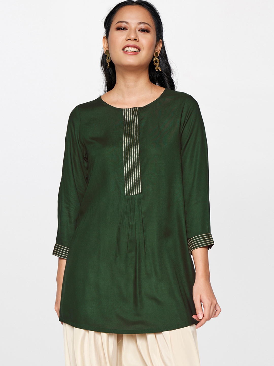 

Global Desi Green Regular Top with Embroidered Detail
