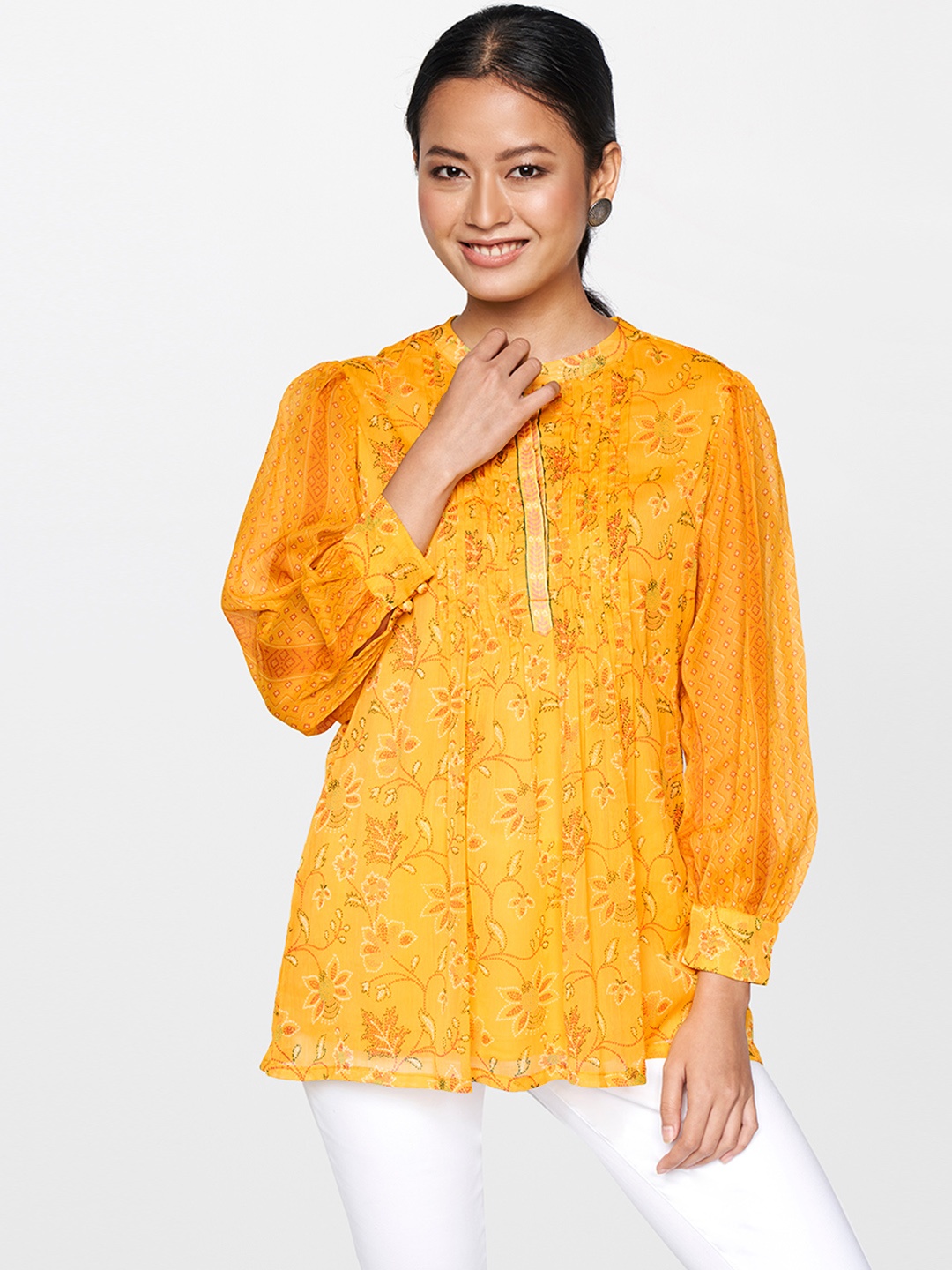

Global Desi Mustard Yellow & Red Floral Mandarin Collar Gathered Regular Top
