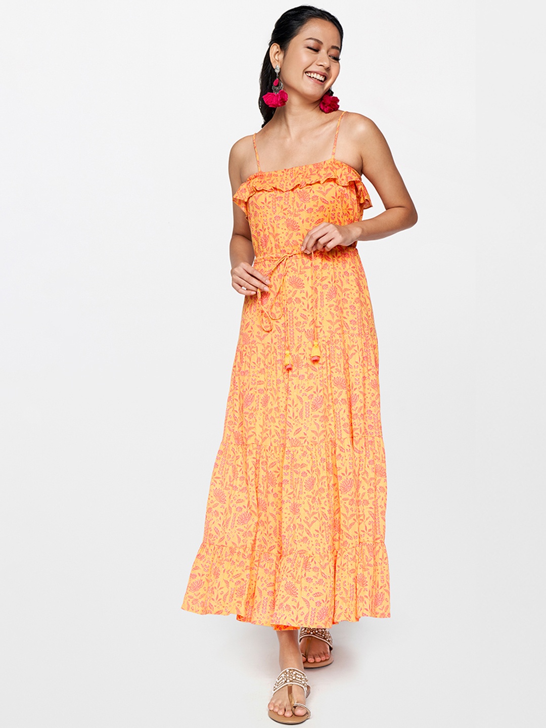 

Global Desi Yellow & Coral Tropical Printed Fit And Flare Sleeveless Tiered Midi Dress