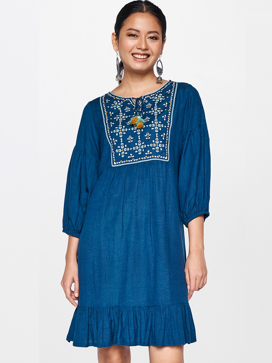 

Global Desi Blue Embroidered Flounce A-Line Dress