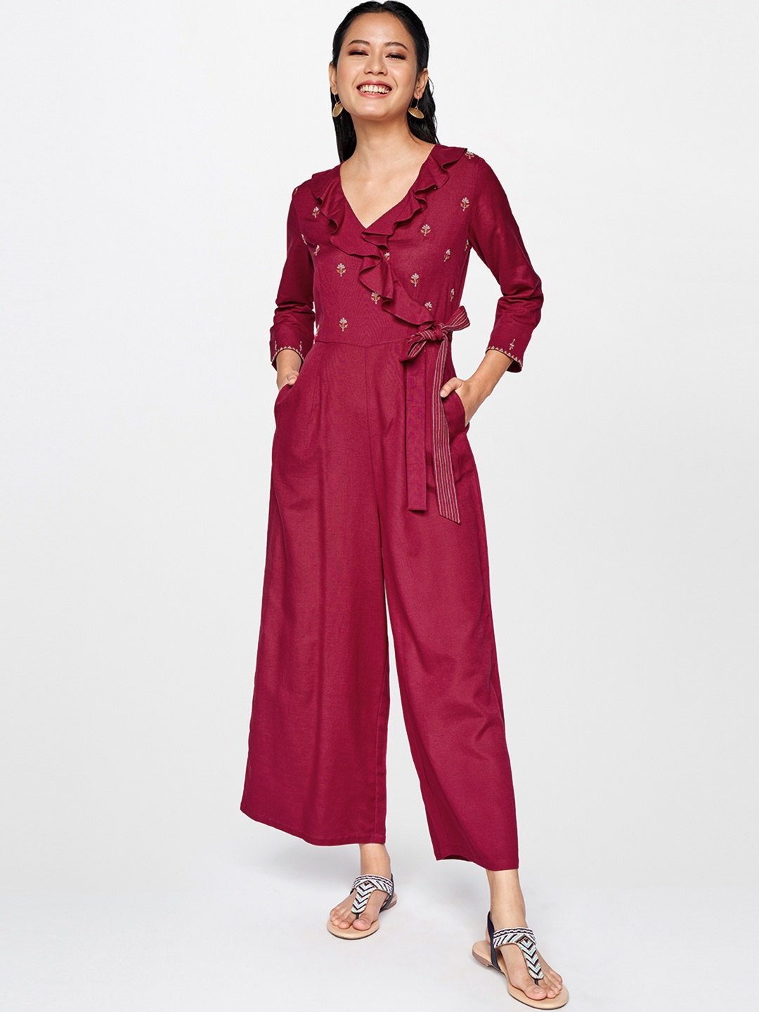 

Global Desi Brown Embroidered Basic Jumpsuit with Ruffles And Tie Up