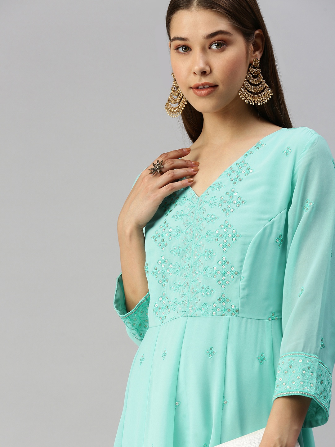 

Global Desi Blue Ethnic Motifs Embroidered V-Neck Sequined Pleated Ethnic Maxi Dress