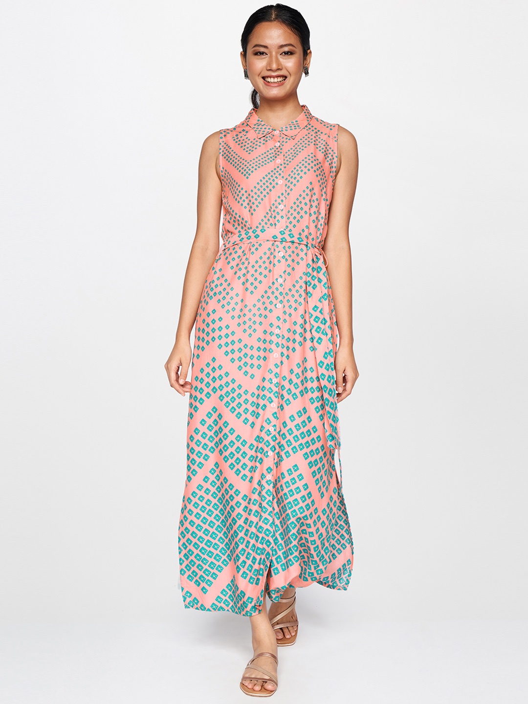 

Global Desi Women Pink & Blue Geometric Print Shirt-Collar Midi Dress With A Belt
