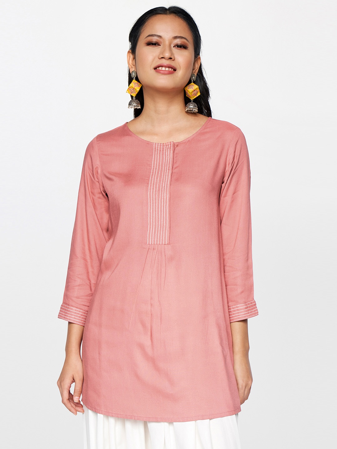 

Global Desi Pink Pleated Regular Longline Top with Embroidery