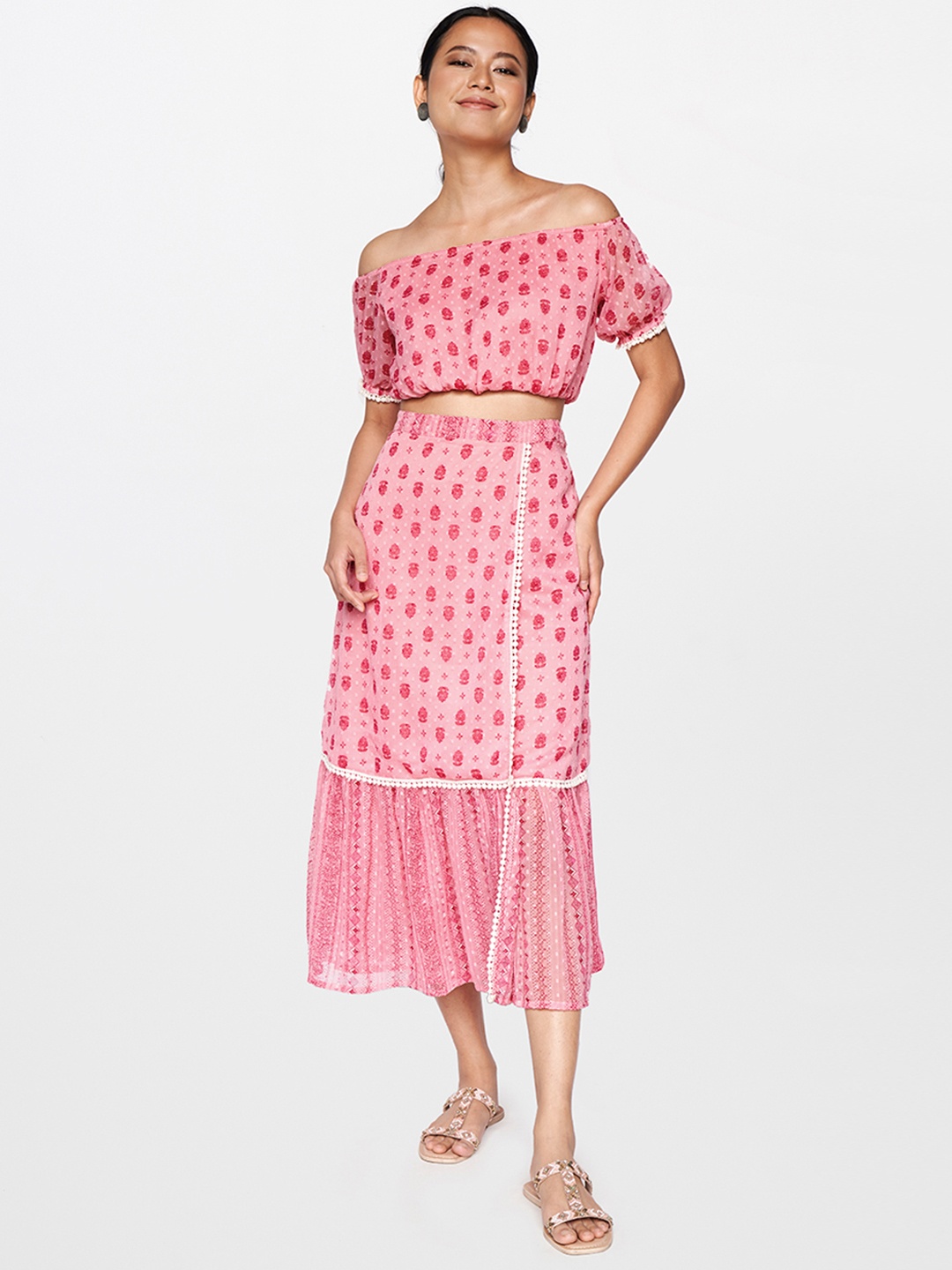 

Global Desi Women Pink & Red Off-Shoulder Two-Piece