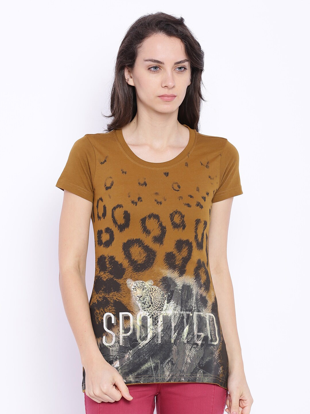 

Wolfpack Women Brown & Grey Printed Cotton T-shirt