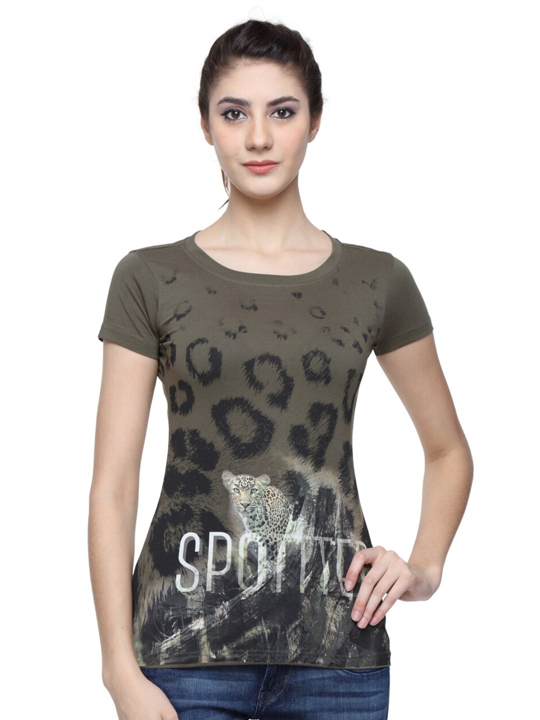 

Wolfpack Women Green Printed Raw Edge T-shirt