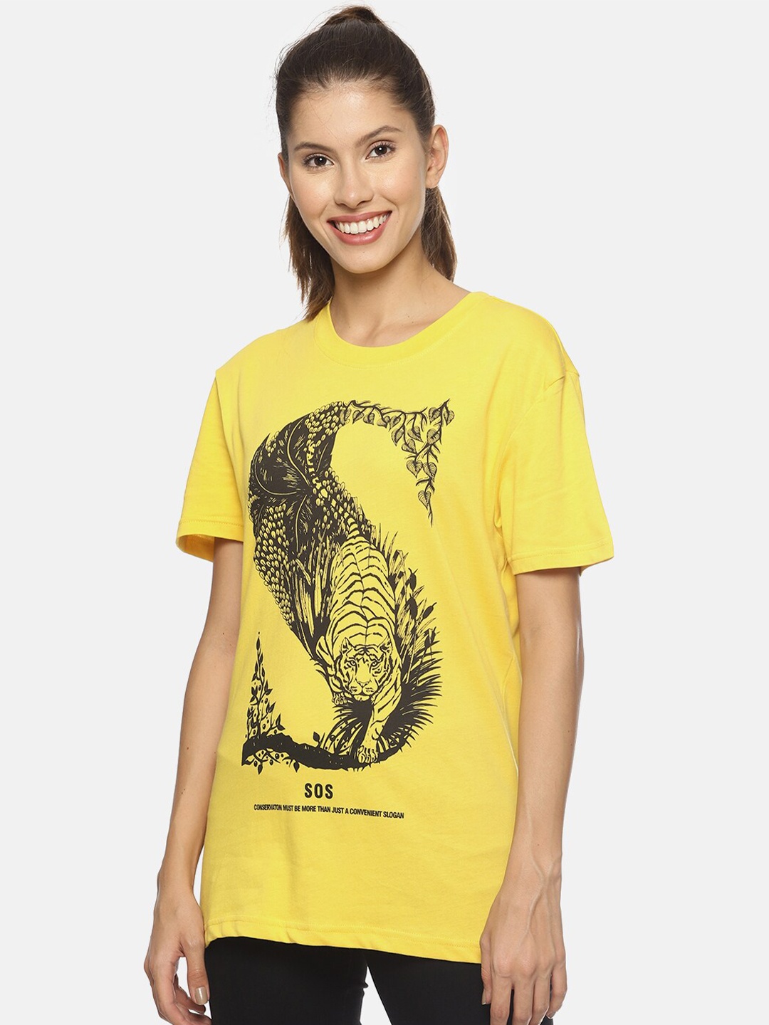 

Wolfpack Women Yellow & Black Printed Cotton T-shirt