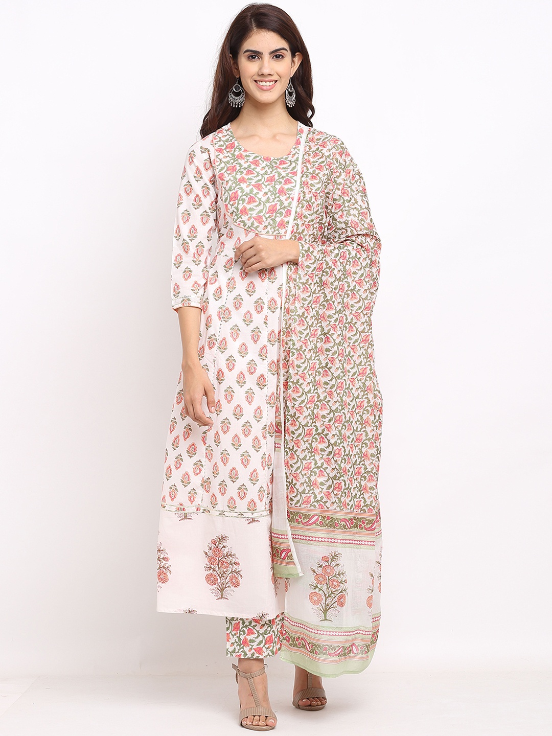 

Rajnandini Women White Floral Printed High Slit Pure Cotton Kurta with Trousers & With Dupatta