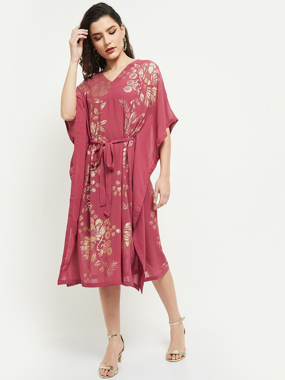 

max Mauve & Gold-Toned Floral Kaftan Midi Dress