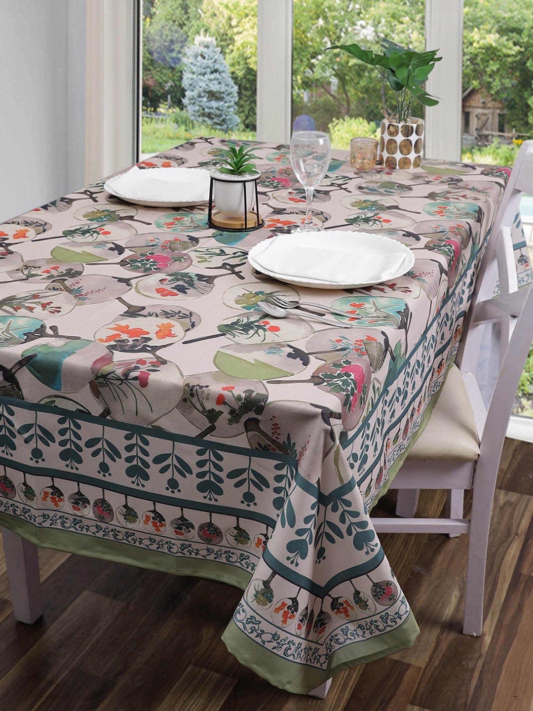 

ROMEE Beige & Green Floral Printed Table Cover Cloth