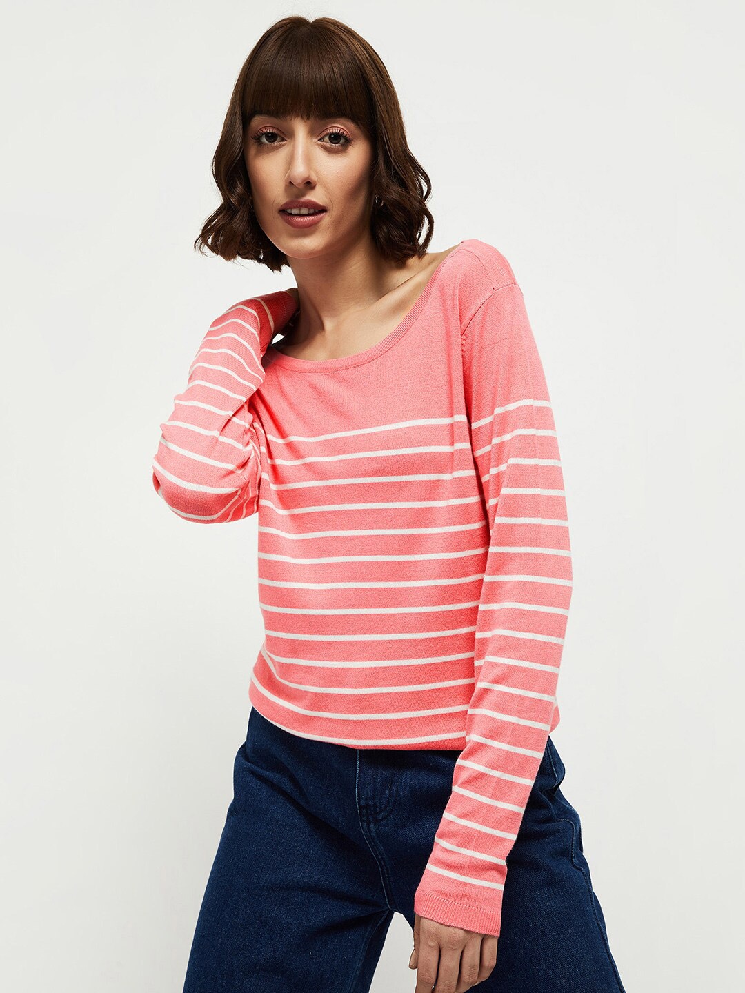 

max Women Peach-Coloured & White Striped Pullover
