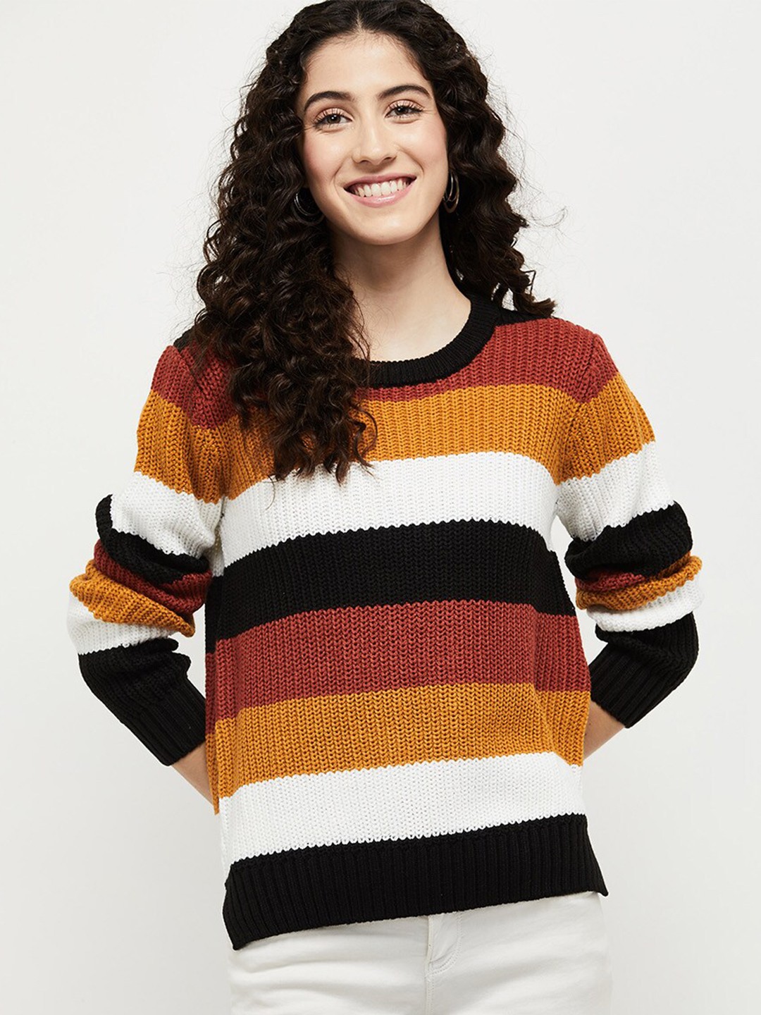

max Women Yellow & White Striped Acrylic Pullover