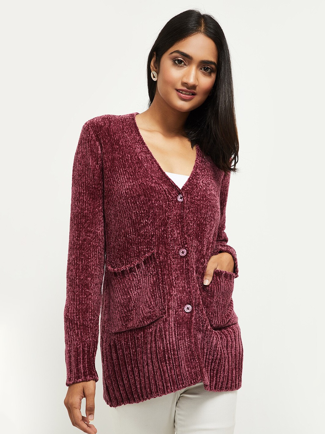

max Women Burgundy Front-Open Sweater