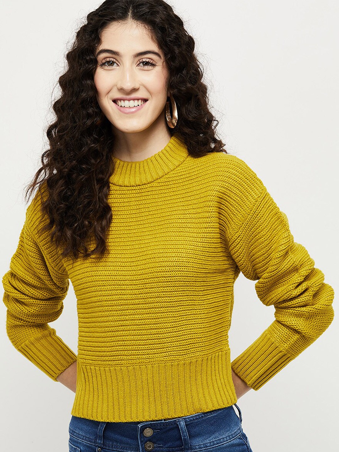 

max Women Yellow Ribbed Pullover
