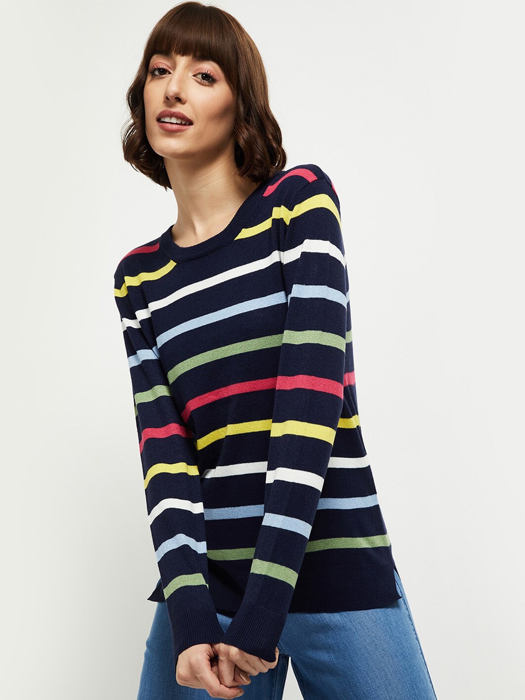 

max Women Navy Blue & Green Striped Pullover
