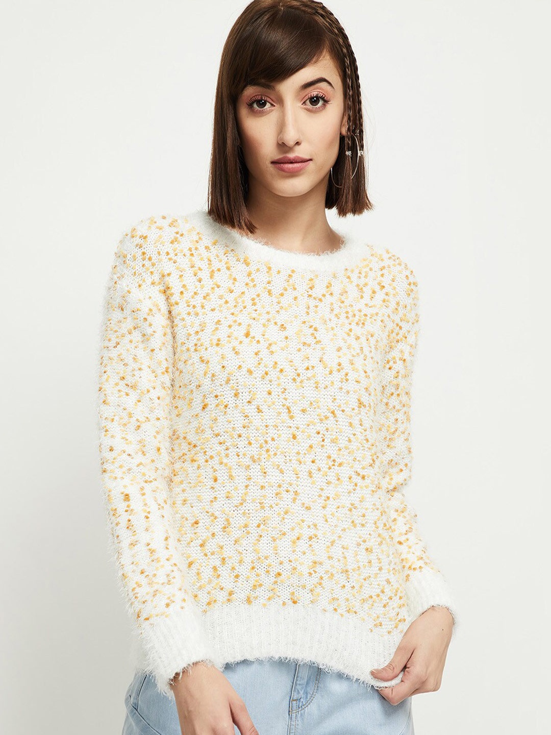 

max Women Off White & Yellow Abstract Self Design Pullover Sweater