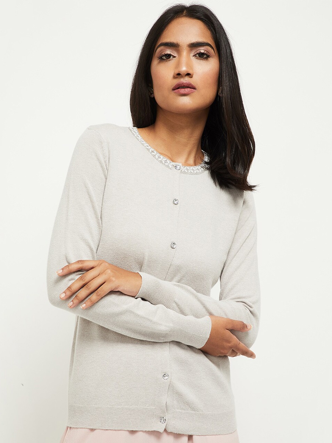 

max Women Grey & White Solid Cardigan