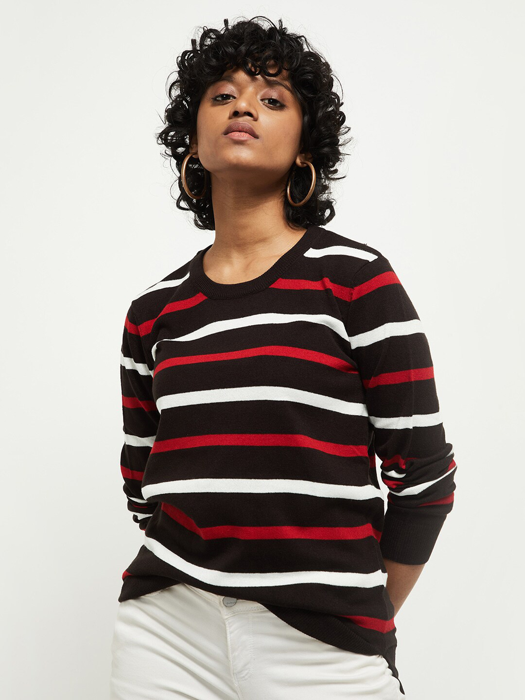 

max Women Black & Red Striped Pullover Sweater