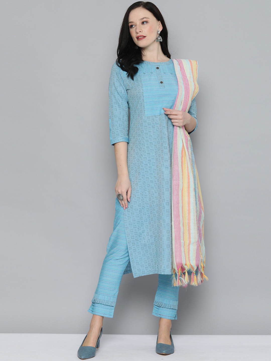 

Kvsfab Women Blue Striped Layered Thread Work Pure Cotton Kurta with Trousers & With Dupatta