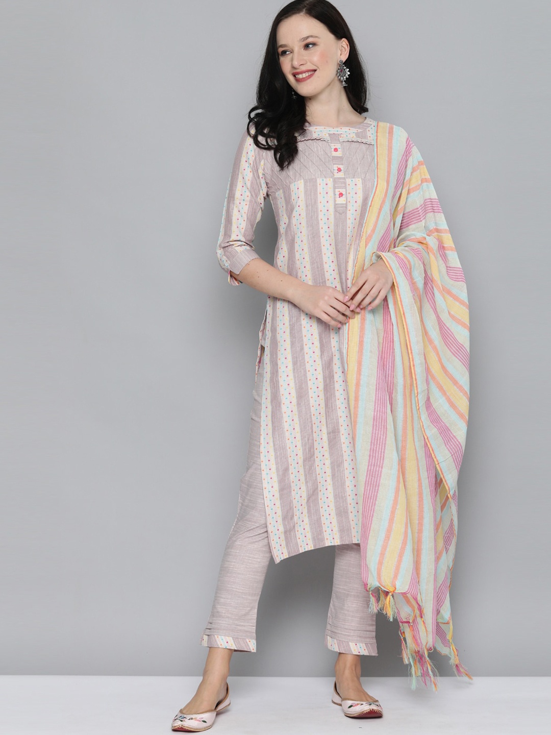 

Kvsfab Women Purple Striped Regular Pure Cotton Kurta with Palazzos & With Dupatta