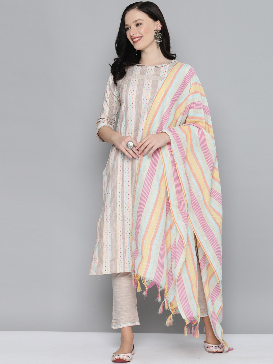 

Kvsfab Women Brown Striped Panelled Pure Cotton Kurti with Trousers & With Dupatta