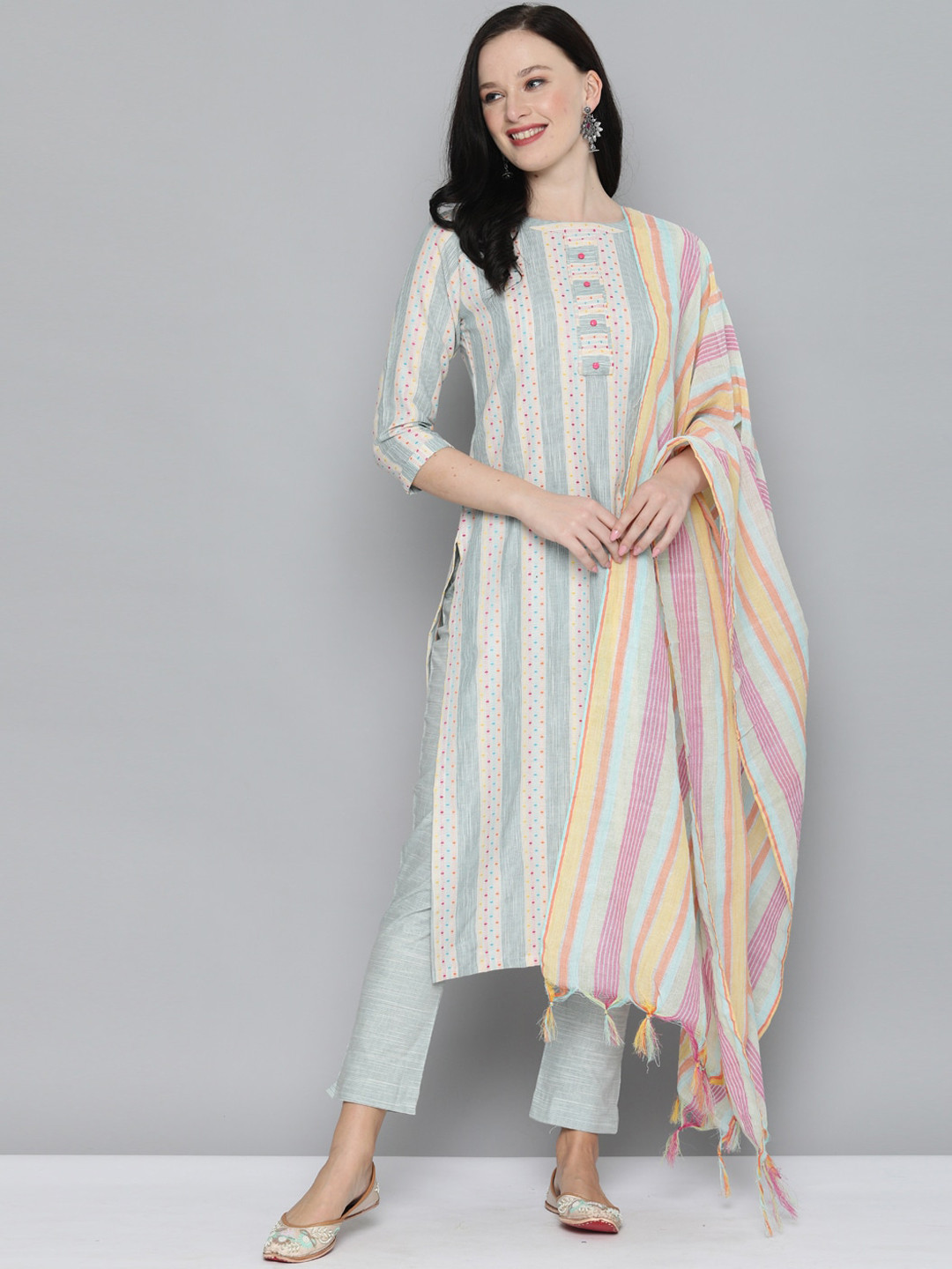 

Kvsfab Women Green Striped Pure Cotton Kurti with Trousers & With Dupatta