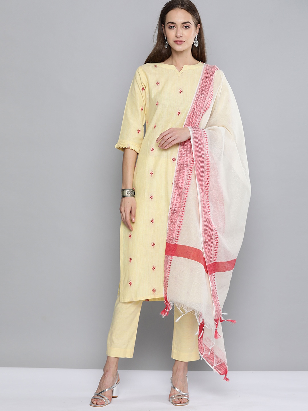 

Kvsfab Women Yellow Regular Pure Cotton Kurta with Palazzos & With Dupatta