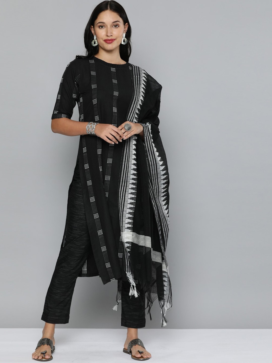 

Kvsfab Women Black Regular Pure Cotton Kurta with Trousers & With Dupatta