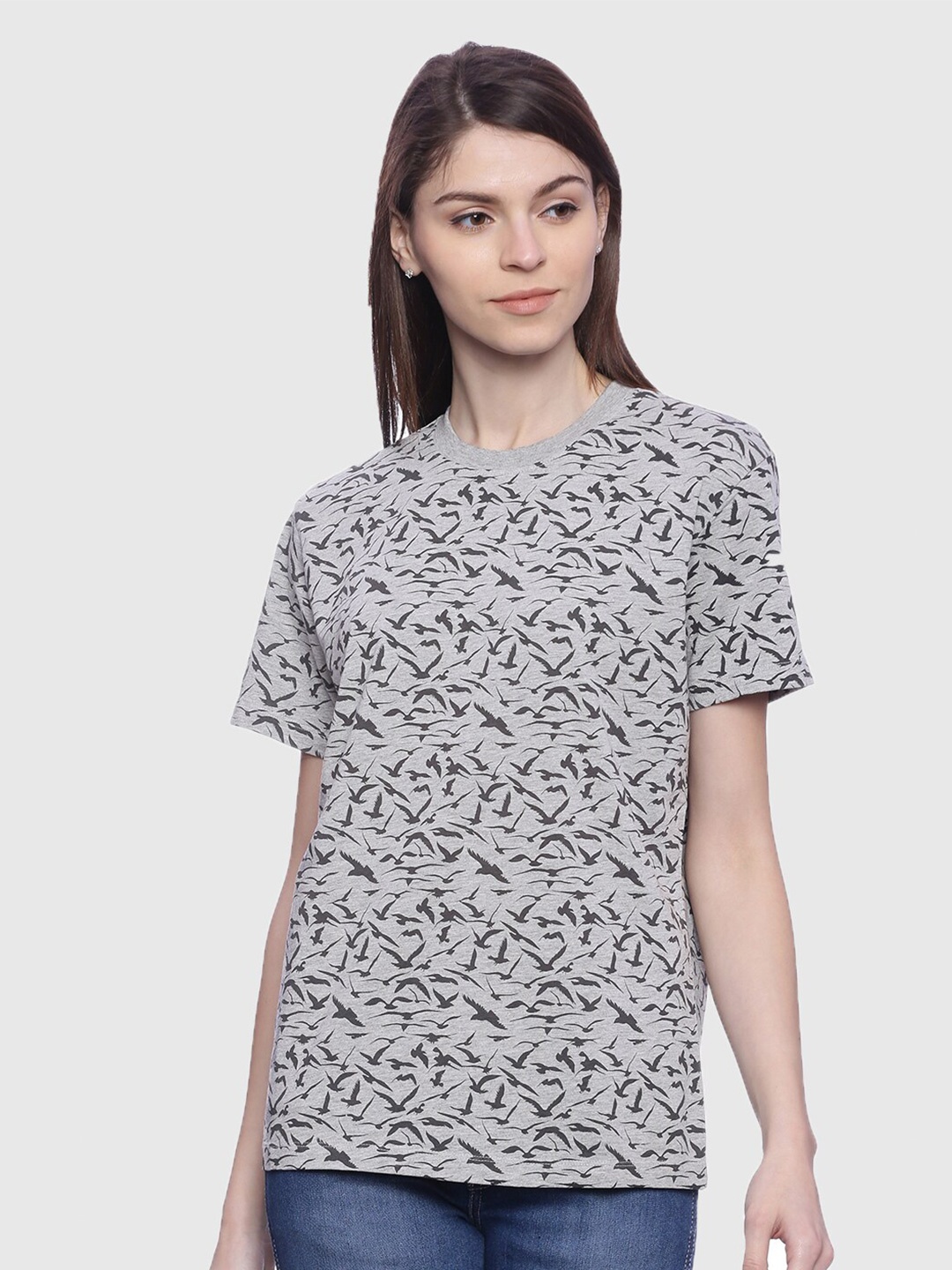 

Wolfpack Women Grey Melange & Black Printed Pure Cotton T-shirt