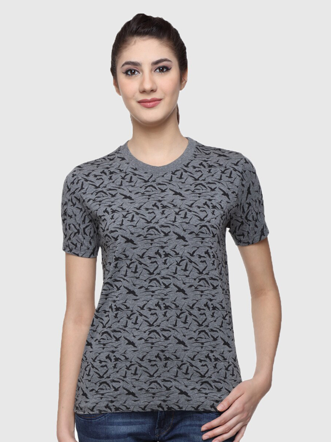 

Wolfpack Women Charcoal & Black Printed Cotton T-shirt
