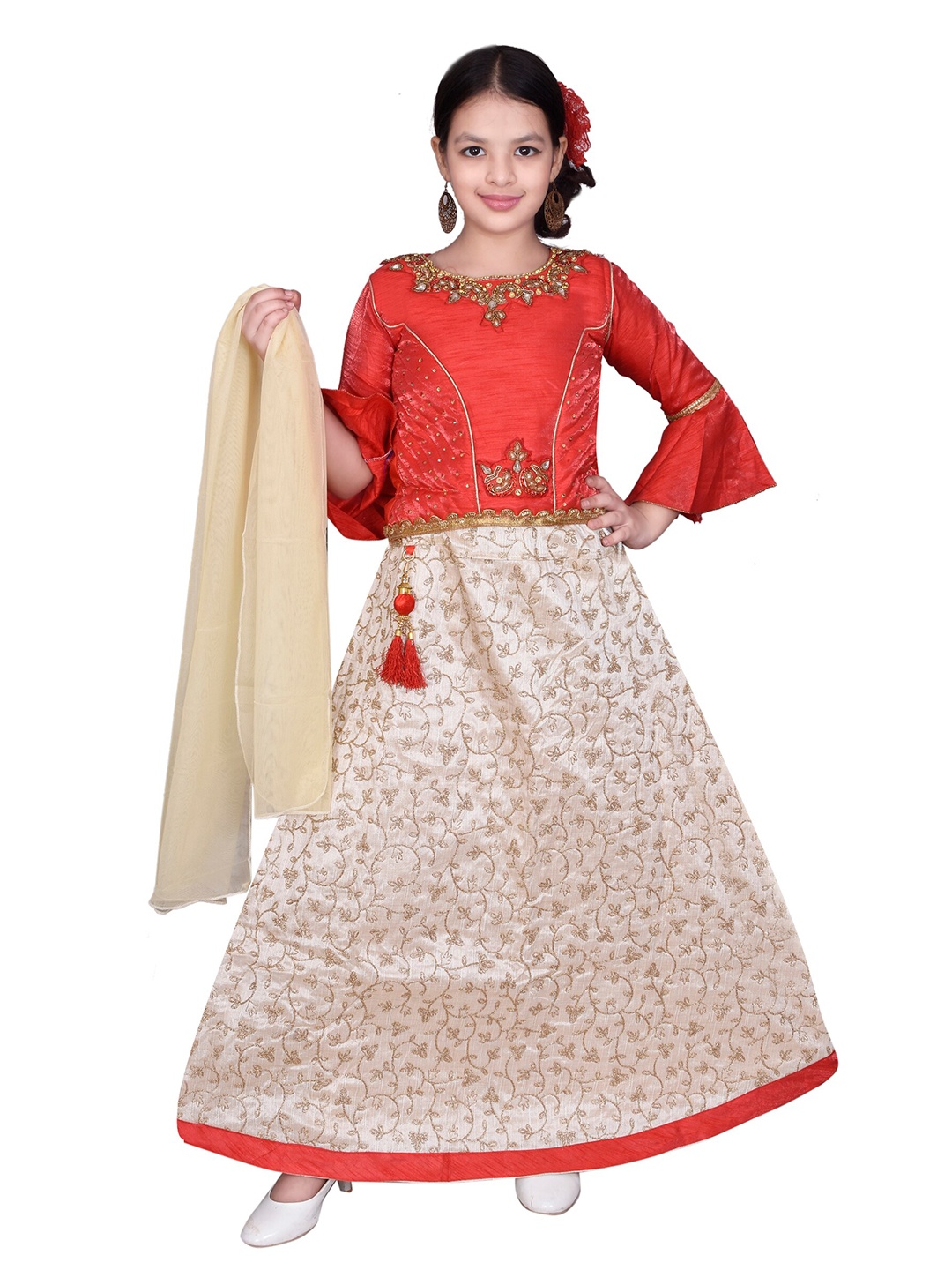 

SKY HEIGHTS Girls Red & Cream-Coloured Embellished Ready to Wear Lehenga & Blouse With Dupatta